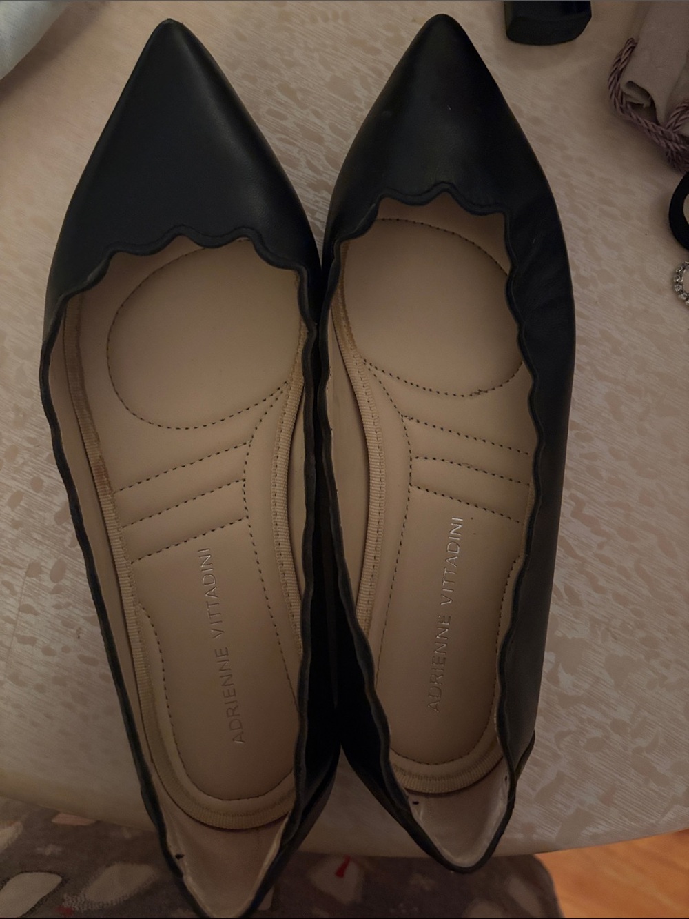 Adrienne Vittadini Black Pointed Scallop-Edge Flats